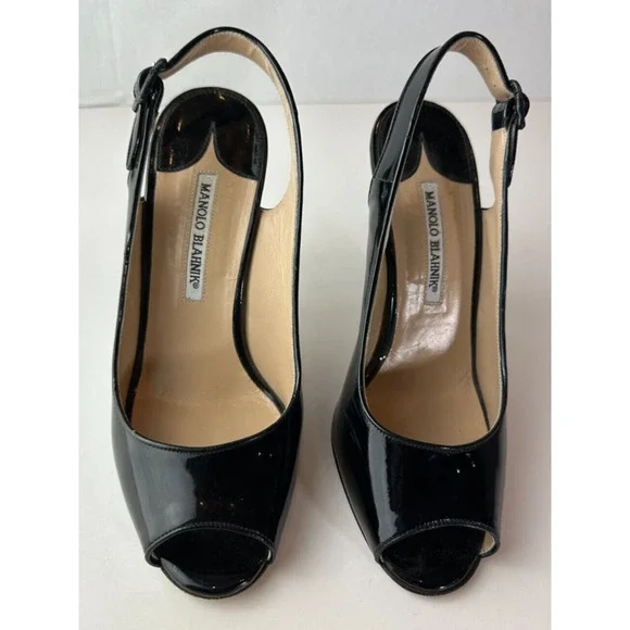 Manolo Blahnik Black Patent Leather Slingback Pump Peep Toe High Heels 38 US 8 - Picture 5 of 16
